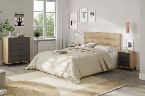 Comodino Birmingham, Set camera da letto, Testiera letto e 2 Comodini a 3 cassetti, 160x2 cm, Rovere effetto nodi e Antracite