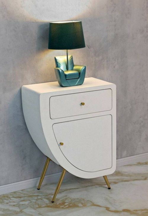 Comodino Bonorva, Comò basso, Tavolino da notte, Mensola da letto, Bianco e Oro, 60x32 h79 cm
