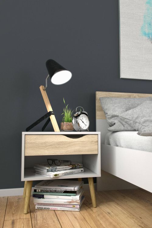 Comodino Carole, Comò basso, Tavolino da notte, Mensola da letto, 50x39 h49 cm, Bianco e Quercia