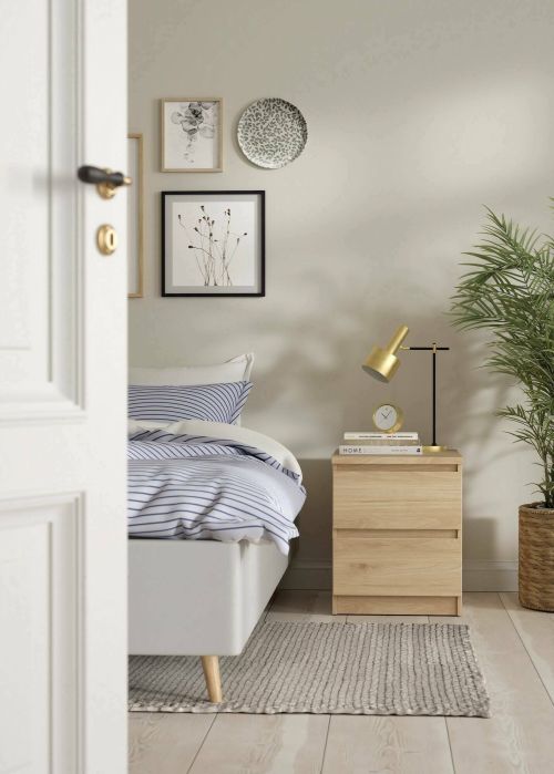 Comodino Chelle, Comò basso, Tavolino da notte, Mensola da letto, 50x40 h50 cm, Rovere