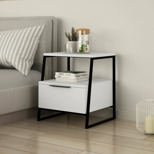 Comodino Dubhe, Comò basso, Tavolino da notte, Comodino multifunzione, 45x40h50 cm, Bianco
