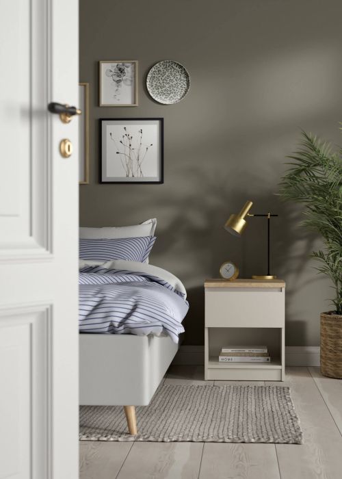 Comodino Ducenta, comò basso con 1 cassetto, tavolino da notte compatto e funzionale, 40x40 h50 cm, Beige