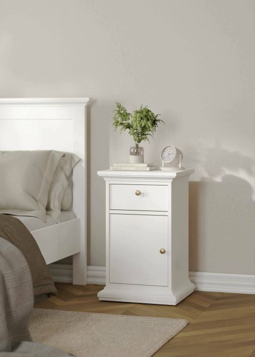 Comodino Esperance, Comò basso, Tavolino da notte, Mensola da letto, 40x44 h70 cm, Bianco