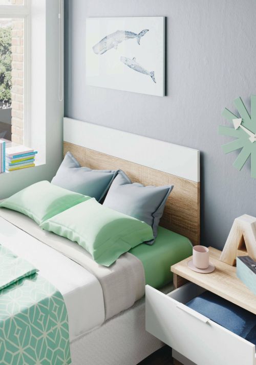Comodino Honolulu, Comodino a due cassetti con testiera per letto singolo da 90 cm, 50x38h75 cm, Rovere e Bianco