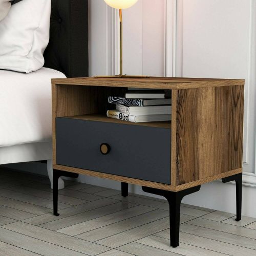 Comodino in legno e metallo noce e antracite 56x40x50h cm - Editta