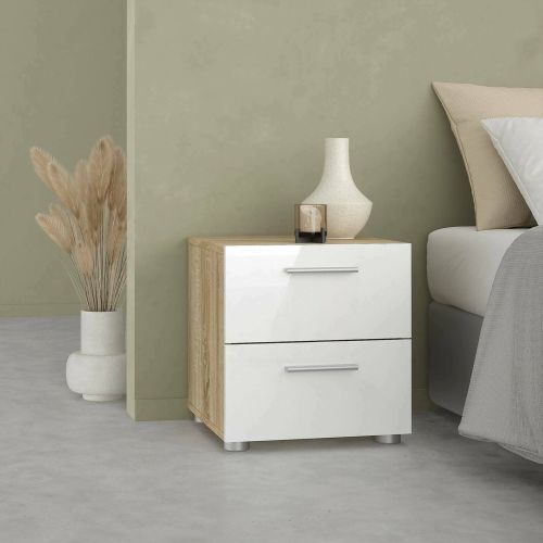 Comodino in legno quercia e bianco lucido 40x40x42h cm - Apolla
