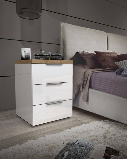 Comodino Kampala, Comò basso, Tavolino da notte, Mensola da letto, Made in Italy, 45x43h55 cm, Bianco lucido e Rovere