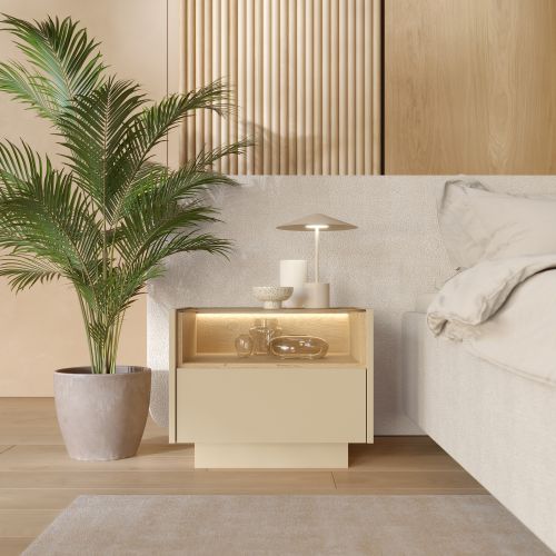 Comodino Marrone Chiaro Marrone Rovere un Cassetto 2 Ripiani 53x40x43h cm, Apertura Push-pull - Veirra