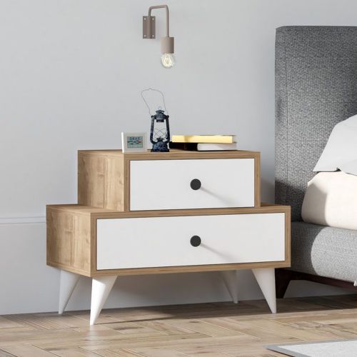 Comodino Marrone Noce Bianco 2 Cassetti Apertura Scorrevole 63x44x50h cm, Chiusura Scorrevole - Segni