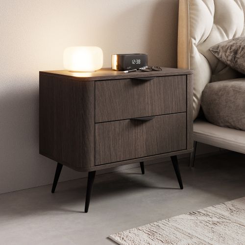 Comodino Marrone Noce Nero 2 Cassetti un Ripiano 63x38x55h cm, Apertura Scorrevole - Gasi