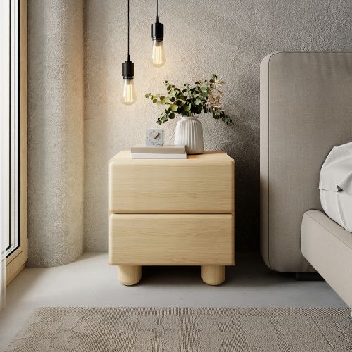 Comodino Marrone Rovere 2 Cassetti un Ripiano 50x38x52h cm, Apertura Scorrevole - Hani