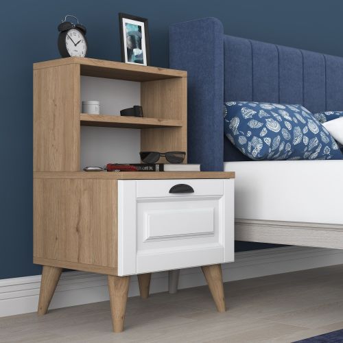 Comodino Marrone Rovere Bianco un Cassetto un Ripiano 45x40x74h cm, Apertura Scorrevole - Salassa