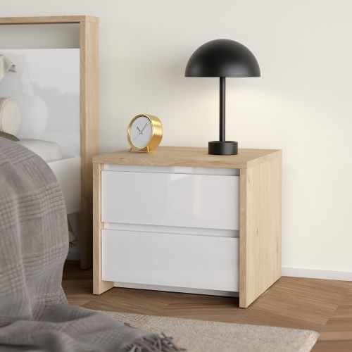 Comodino Marrone Rovere Bianco un Ripiano 2 Cassetti 52x48x45h cm, Apertura Scorrevole - Abacassab