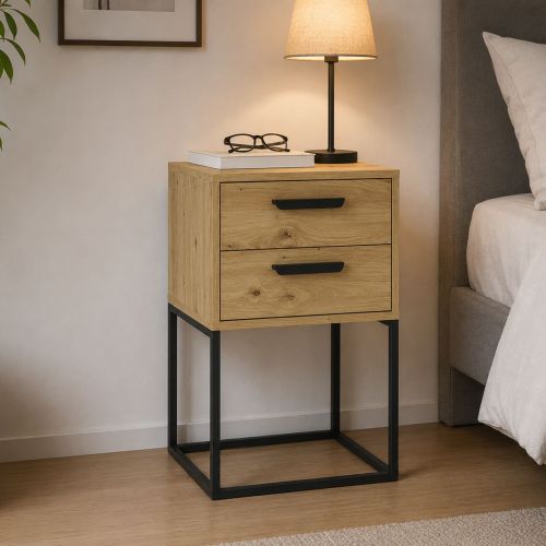 Comodino Marrone Rovere Nero 2 Cassetti Apertura Scorrevole 40x39x65h cm, Chiusura Scorrevole - Lelahama