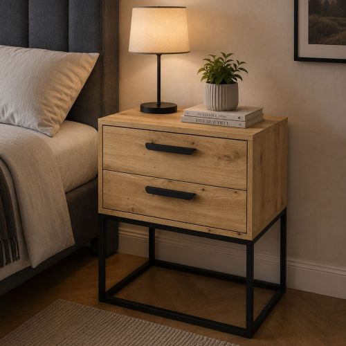Comodino Marrone Rovere Nero 2 Cassetti Apertura Scorrevole 60x39x65h cm, Chiusura Scorrevole - Lelabati