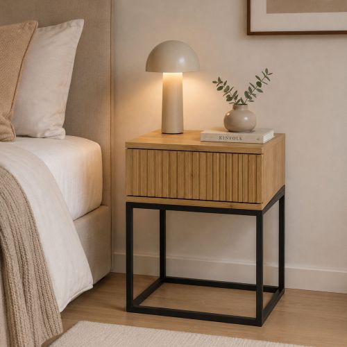 Comodino Marrone Rovere Nero un Cassetto Apertura Scorrevole 40x39x52h cm, Chiusura Scorrevole - Lelalaha