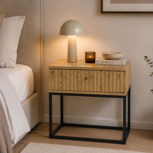 Comodino Marrone Rovere Nero un Cassetto Apertura Scorrevole 60x39x52h cm, Chiusura Scorrevole - Leletete