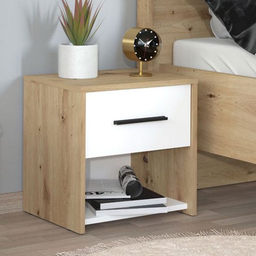 Comodino Marrone Rovere Nodi Bianco un Cassetto un Ripiano 42x33x42h cm, Apertura Scorrevole - Secli