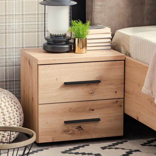 Comodino Marrone Rovere Nodi Nero 2 Cassetti un Ripiano 44.5x33.5x43h cm, Apertura Scorrevole - Uzzano
