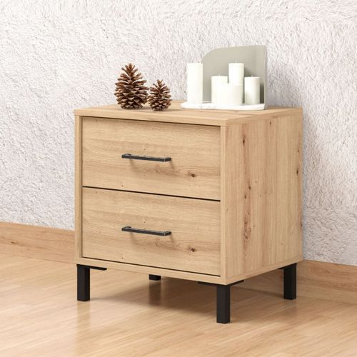 Comodino Marrone Rovere Nodi Nero 2 Cassetti un Ripiano 48x40x52h cm, Apertura Scorrevole - Clanezzo