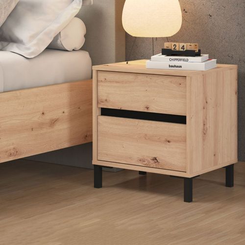 Comodino Marrone Rovere Nodi Nero 2 Cassetti un Ripiano 48x40x55h cm, Apertura Scorrevole - Combatte