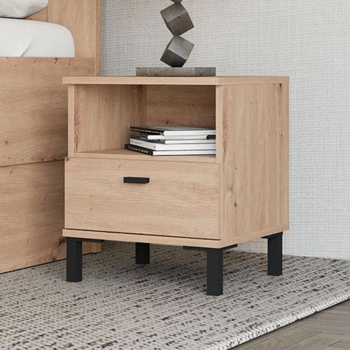 Comodino Marrone Rovere un Cassetto 2 Ripiani 39x35x45h cm, Apertura Scorrevole - Jinja