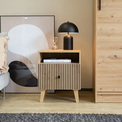 Comodino Marrone Rovere un Ripiano un Cassetto 47x42x58h cm, Listellato Verticale - Ledatere