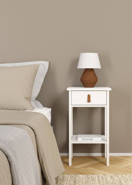Comodino Maxine, Comò basso, Tavolino da notte, Mensola da letto, 34x40 h70 cm, Bianco