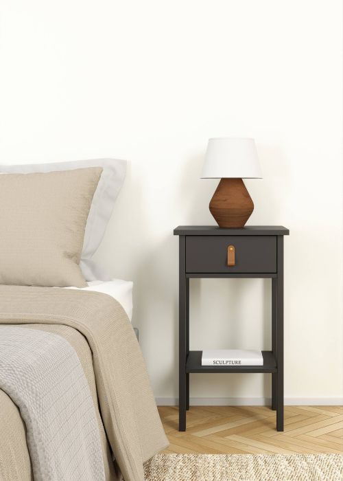 Comodino Maxine, Comò basso, Tavolino da notte, Mensola da letto, 34x40 h70 cm, Nero