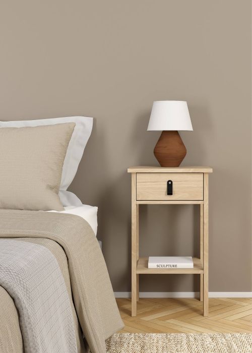Comodino Maxine, Comò basso, Tavolino da notte, Mensola da letto, 34x40 h70 cm, Rovere