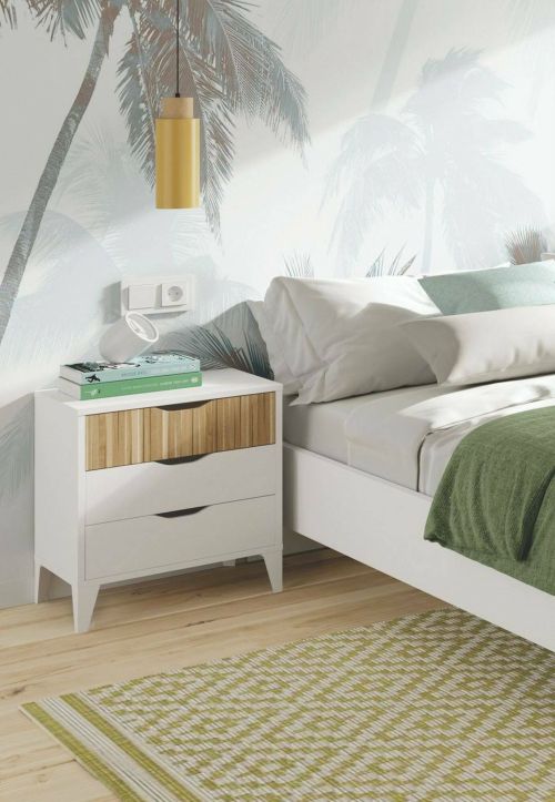 Comodino Naches, Comò basso, Tavolino da notte, Mensola da letto, 44x33 h50 cm, Bianco e Rovere