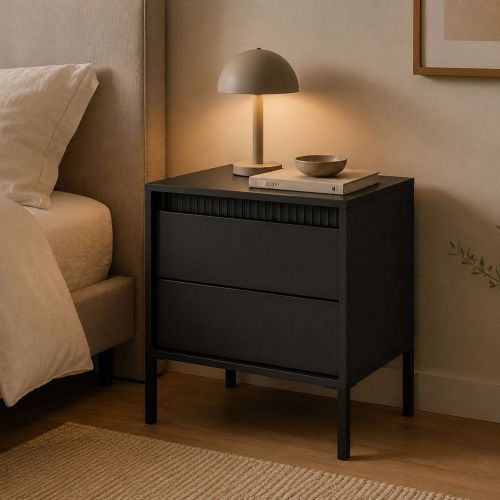 Comodino Nero 2 Cassetti un Ripiano 54x40x56h cm, Apertura Scorrevole - Gasalisa