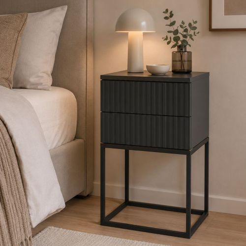 Comodino Nero Antracite 2 Cassetti Apertura Scorrevole 40x39x65h cm, Chiusura Scorrevole - Lehatava