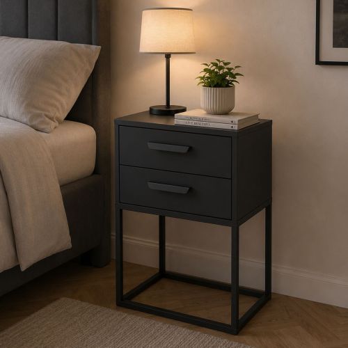 Comodino Nero Antracite 2 Cassetti Apertura Scorrevole 40x39x65h cm, Chiusura Scorrevole - Lelahama