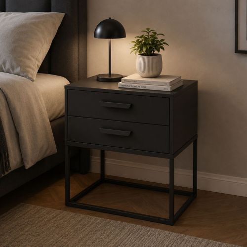 Comodino Nero Antracite 2 Cassetti Apertura Scorrevole 60x39x65h cm, Chiusura Scorrevole - Lelabati