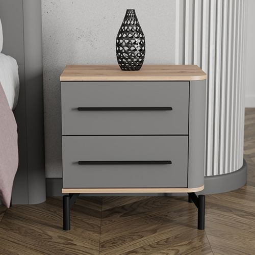 Comodino Nero Antracite Marrone Rovere 2 Cassetti un Ripiano 52x40x56h cm, Apertura Scorrevole - Ojai