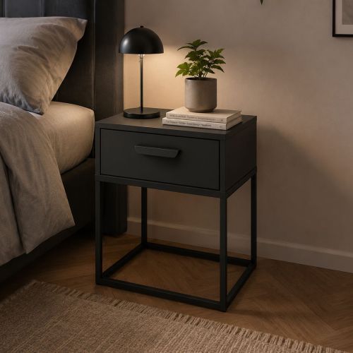 Comodino Nero Antracite un Cassetto Apertura Scorrevole 40x39x52h cm, Chiusura Scorrevole - Lelimapa