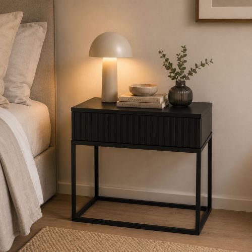 Comodino Nero Antracite un Cassetto Apertura Scorrevole 60x39x52h cm, Chiusura Scorrevole - Leletete