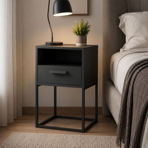Comodino Nero Antracite un Cassetto un Ripiano 40x39x65h cm, Apertura Scorrevole - Lehadasa