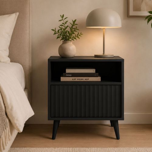 Comodino Nero Antracite un Ripiano un Cassetto 47x40x61h cm, Apertura Scorrevole - Ledareno
