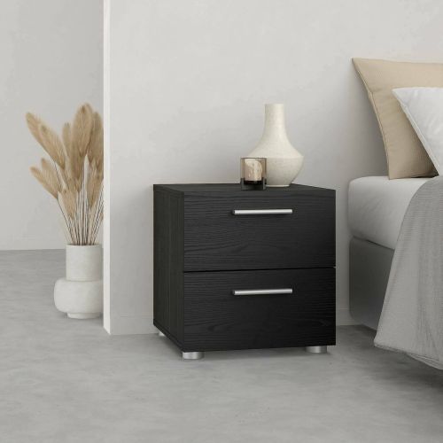 Comodino Nero Effetto Legno 2 Cassetti un Ripiano 40x40x42h cm, Apertura Scorrevole - Apolla