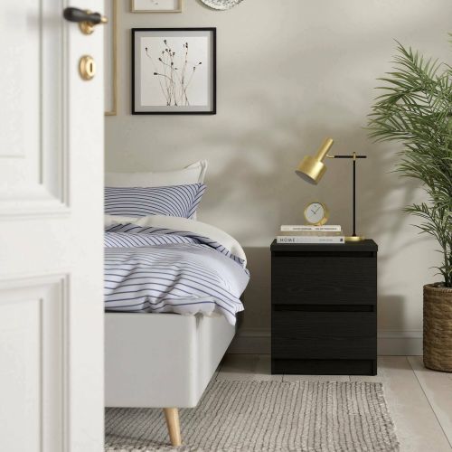 Comodino Nero Effetto Legno 2 Cassetti un Ripiano 50x40x50h cm, Apertura Scorrevole - Azar