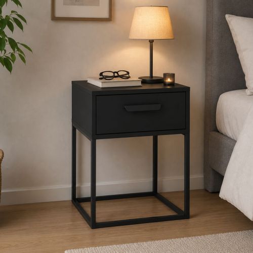 Comodino Nero un Cassetto Apertura Scorrevole 40x39x52h cm, Chiusura Scorrevole - Lelimapa