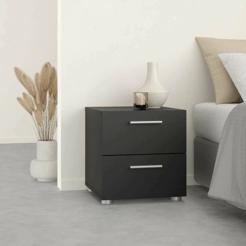 Comodino Nero un Ripiano 2 Cassetti 40x40x42h cm, Apertura Scorrevole - Apolla