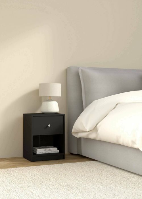 Comodino Roxanne, Comò basso, Tavolino da notte, Mensola da letto, 38x30 h48 cm, Nero