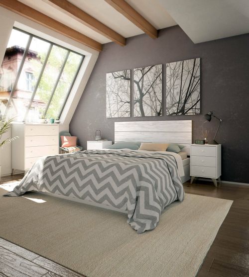 Comodino Seattle, Comodino a 3 cassetti, Tavolino da notte, 40x34h56 cm, Bianco e Rovere