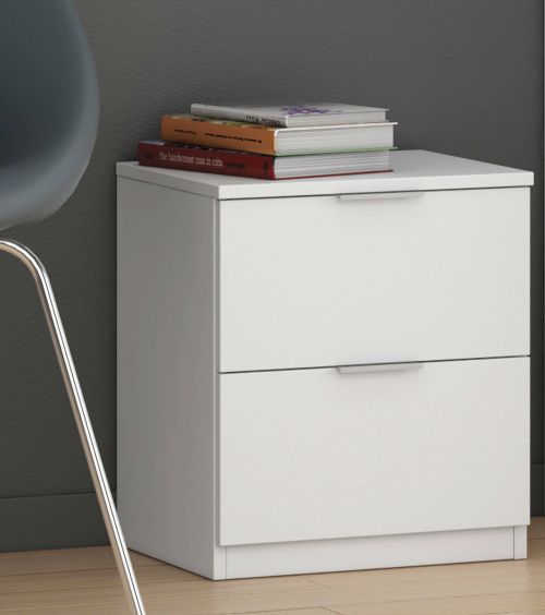 Comodino Syracuse, Comodino moderno a 2 cassetti, Tavolino da notte, Comò basso per camera da letto, 38x34h45 cm, Bianco