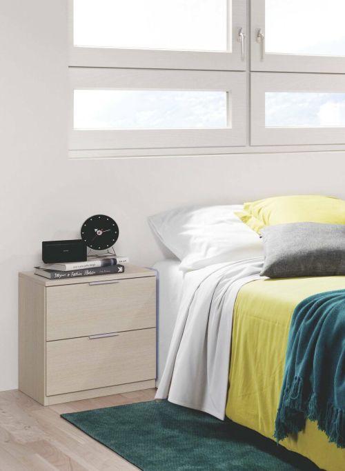 Comodino Syracuse, Comodino moderno a 2 cassetti, Tavolino da notte, Comò basso per camera da letto, 38x34h45 cm, Rovere