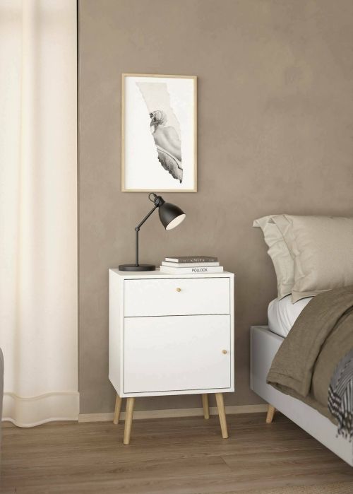 Comodino Theodora, Comò basso, Tavolino da notte, Mensola da letto, 39x50 h72 cm, Bianco