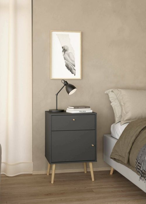 Comodino Theodora, Comò basso, Tavolino da notte, Mensola da letto, 39x50 h72 cm, Grigio